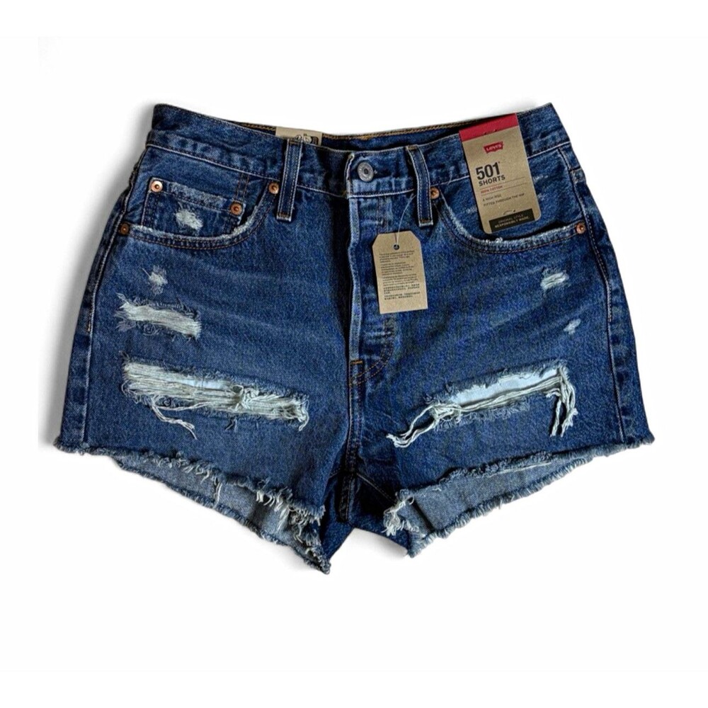 Levi's 501 Original High Rise Distressed Denim Shorts Blue Size 28 NWT
